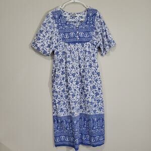 Saybury Floral Midi Dress Womens M  Blue White Cotton Cottagecore Casual Summer